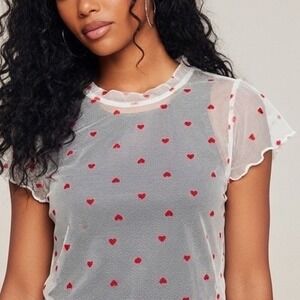 Primark White Mesh Heart Print Ruffle Neck Short Sleeve Top Size S